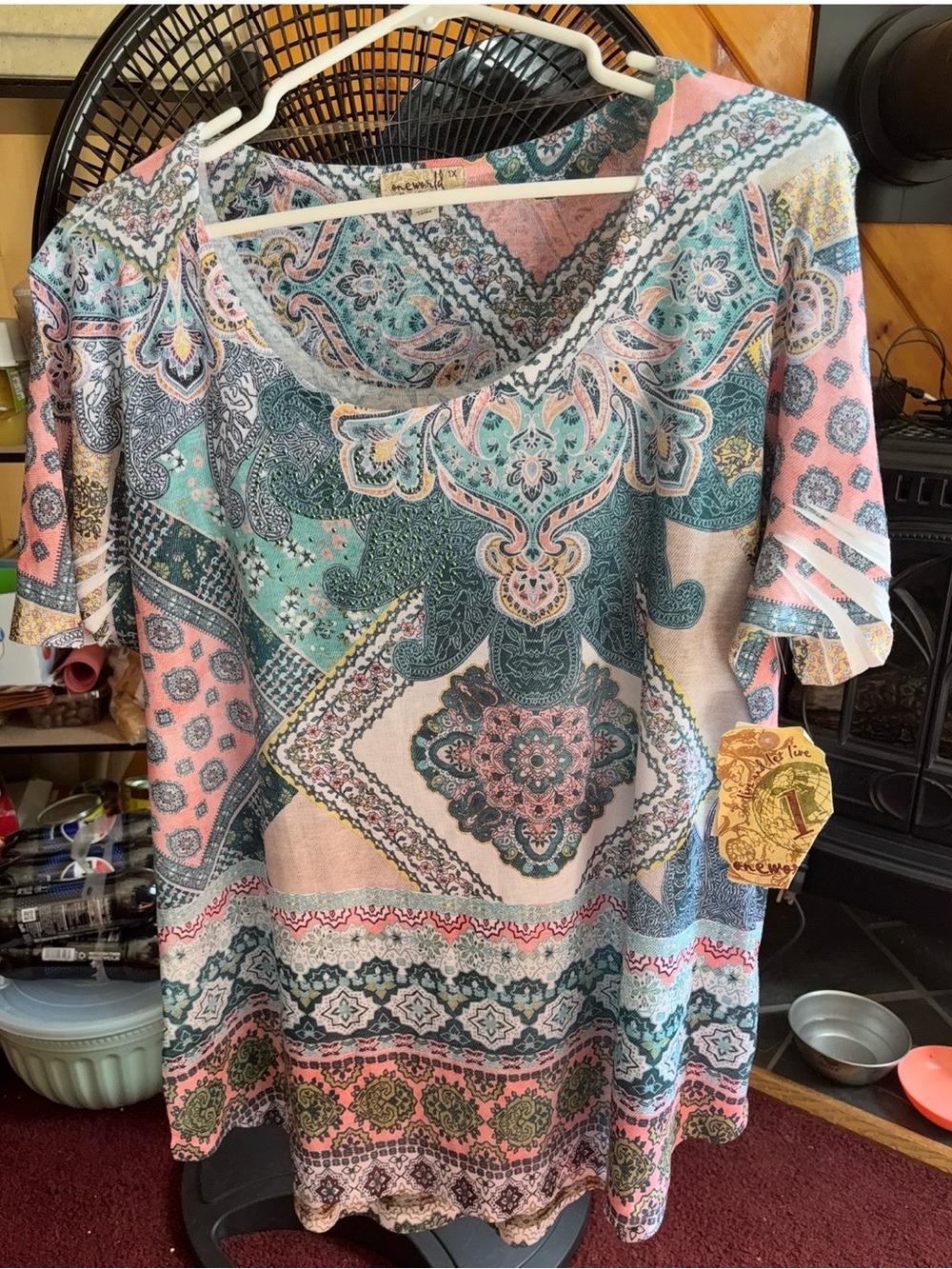 Boho Paisley Print Short Sleeve Top in Pink & Teal . - Picture 2 of 5